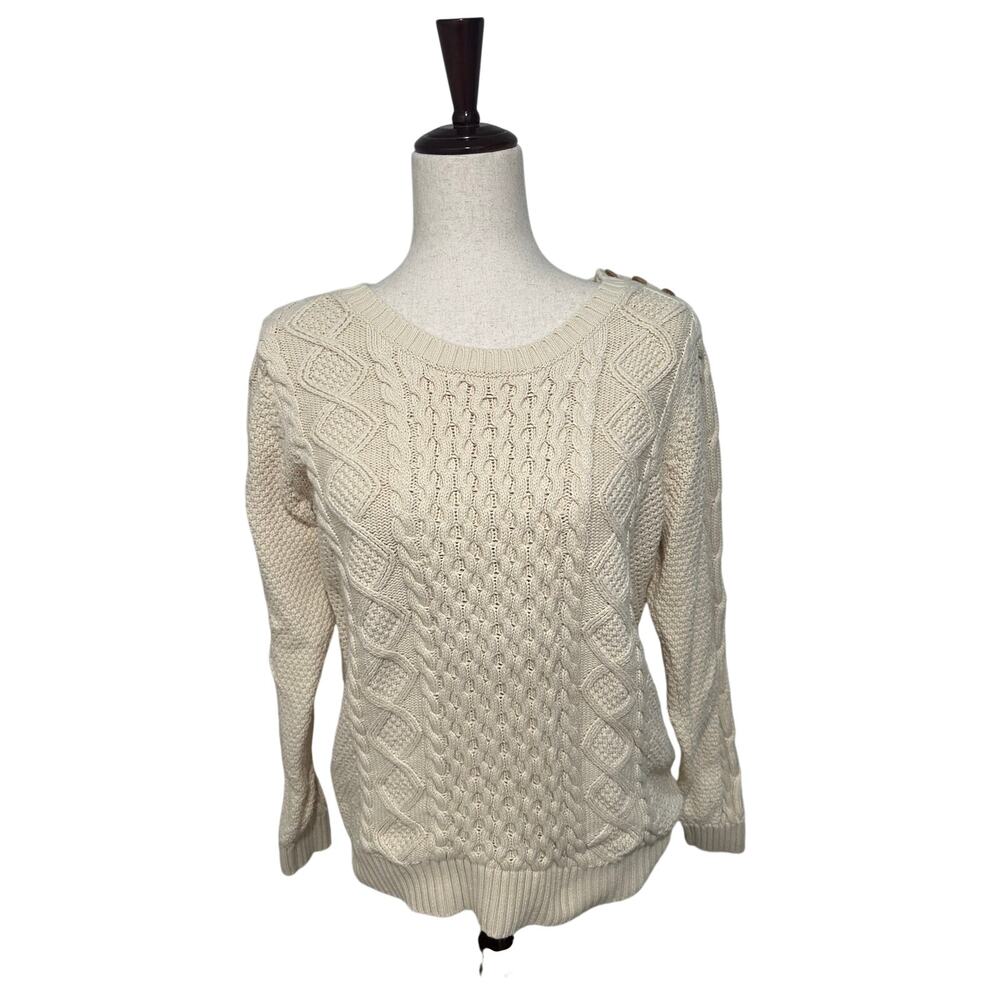 LL Bean Signature Sweater Womens Cream Fisherman Cable Knit Academia Chunky L
